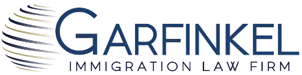 Logo for Garfinkel Immigration Law Firm featuring stylized globe lines on the left.