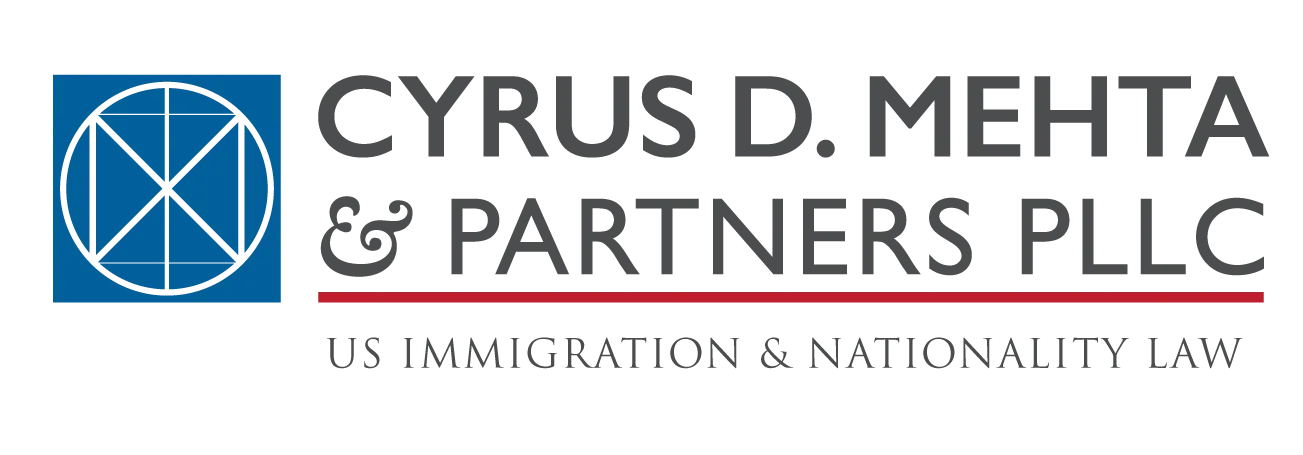 Logo of Cyrus D. Mehta & Partners PLLC, US Immigration & Nationality Law, featuring a blue square with a circular geometric design.