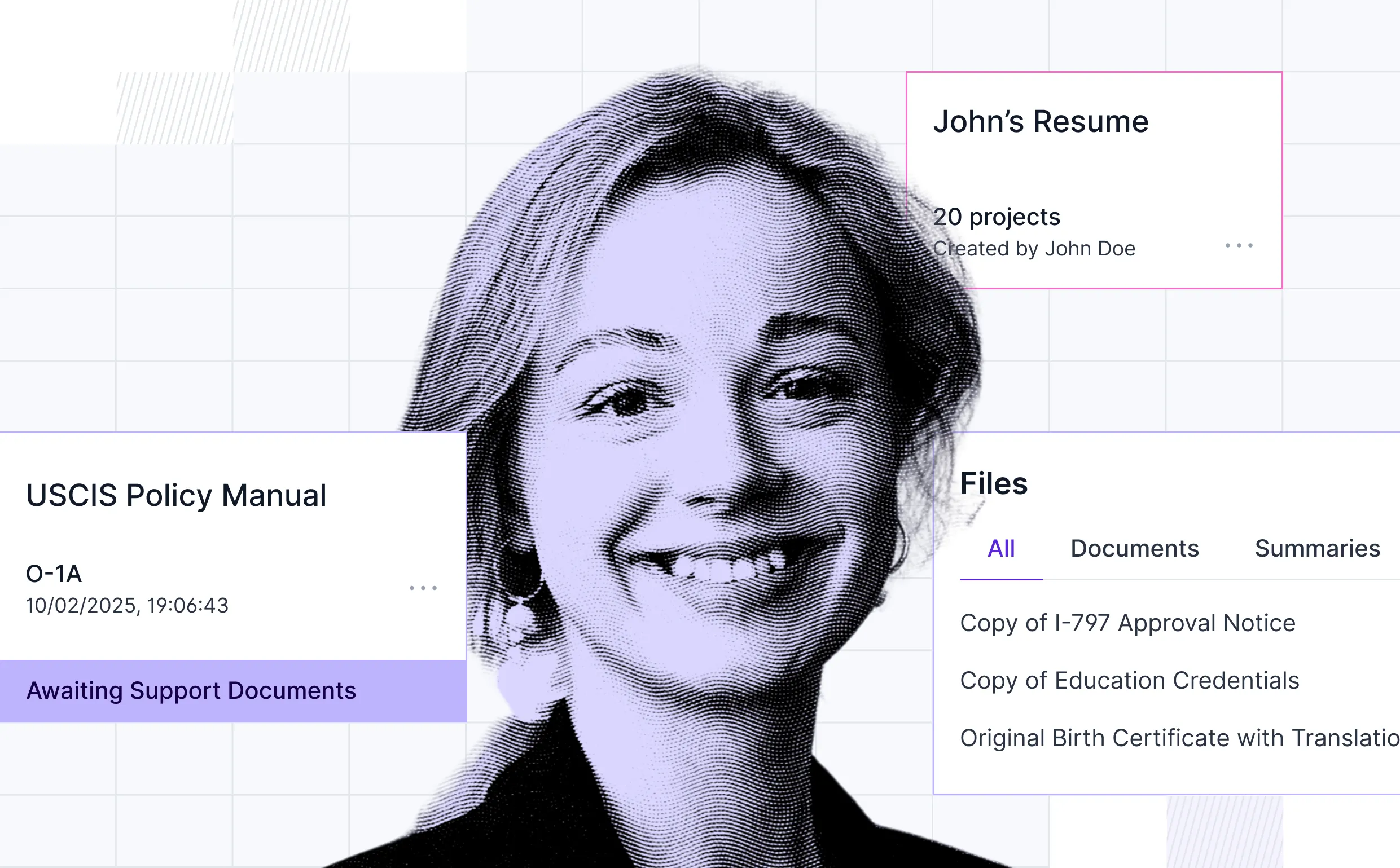 Stylized purple portrait of a smiling man with glasses, overlaid with UI elements showing a USCIS Policy Manual and file list.