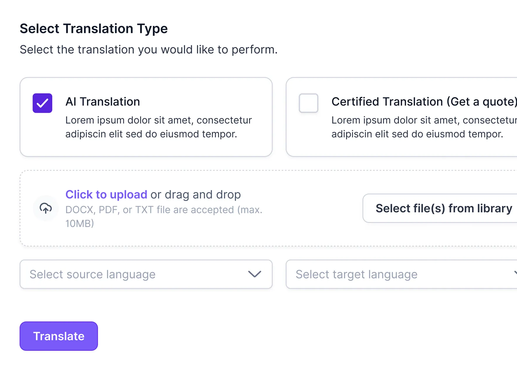 Interface for selecting a translation type, featuring checkboxes for "AI Translation" and "Certified Translation," a file upload area for DOCX, PDF, or TXT files, and dropdown menus to select source and target languages.