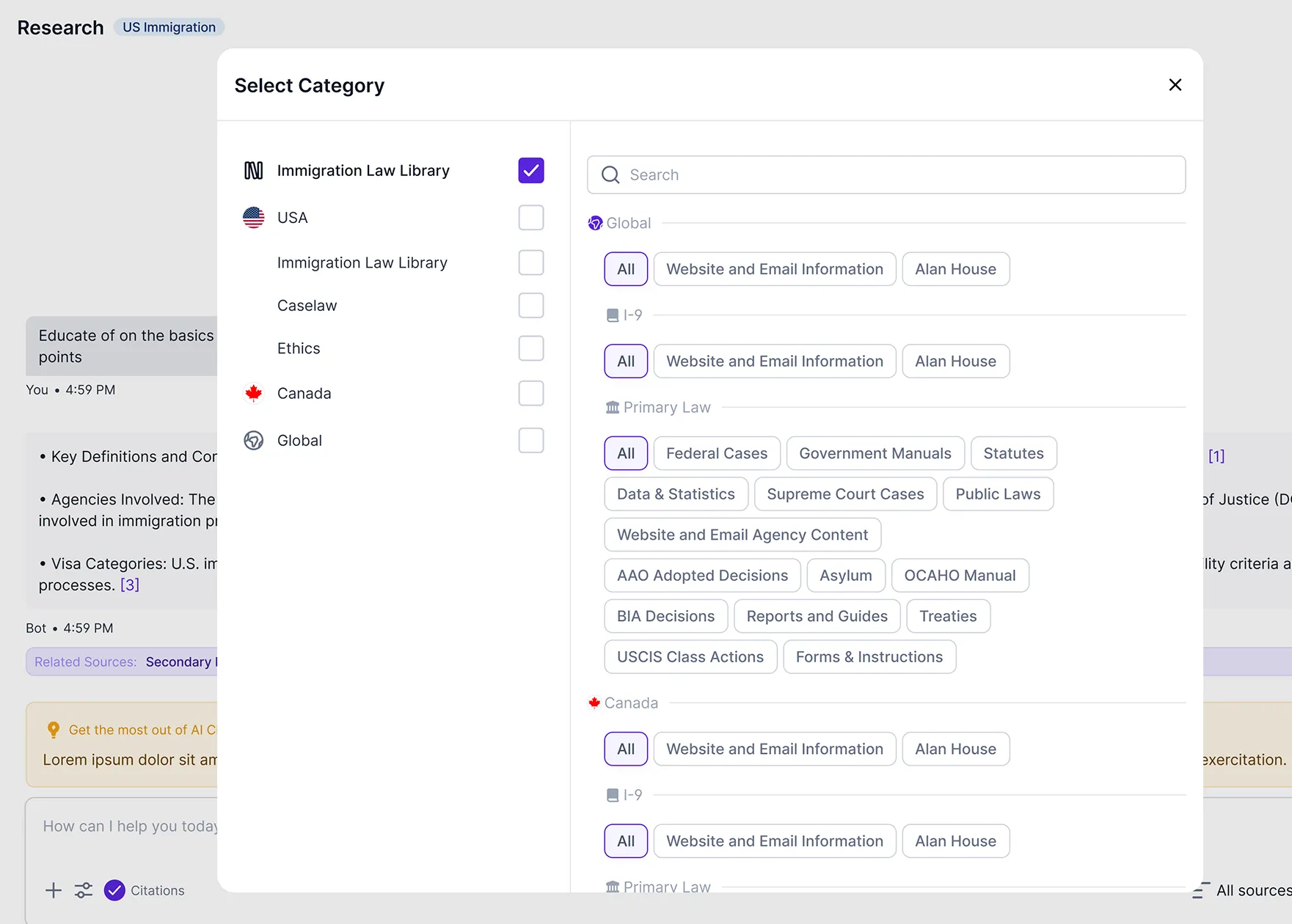 A screenshot of a web application's "Select Category" modal window overlaying a "Research" page. On the left side of the modal, there is a checklist with "Immigration Law Library" selected, alongside unselected options for "USA," "Canada," and "Global." The right side of the modal features a search bar and categorized filter chips. These chips include legal sources such as "Federal Cases," "Supreme Court Cases," "Statutes," and "USCIS Class Actions," organized under headers like "Global," "I-9," "Primary Law," and "Canada." The background shows a chat interface with text regarding US immigration and "Key Definitions."