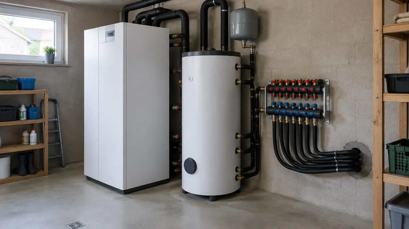Pompe à chaleur géothermique sol-eau installée dans le local technique d'une maison, avec ballon d'eau chaude et collecteur