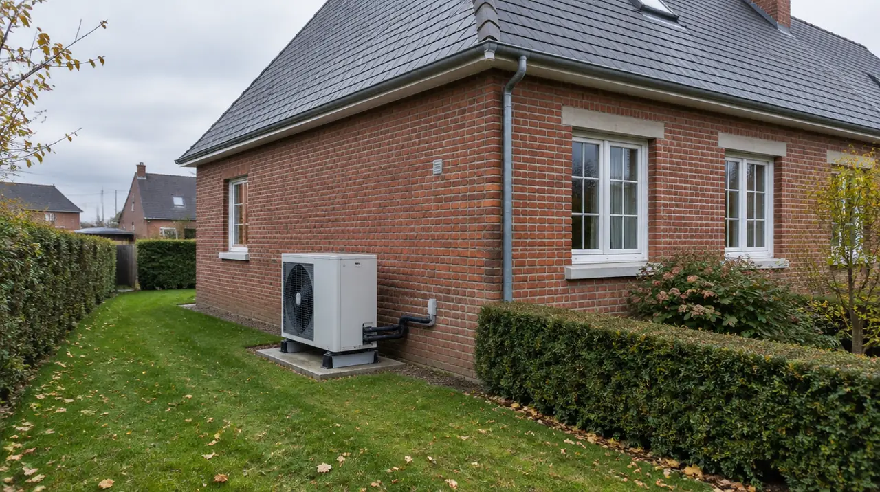 Pompe à chaleur air-eau installée au sol devant une maison en briques du Nord-Pas-de-Calais