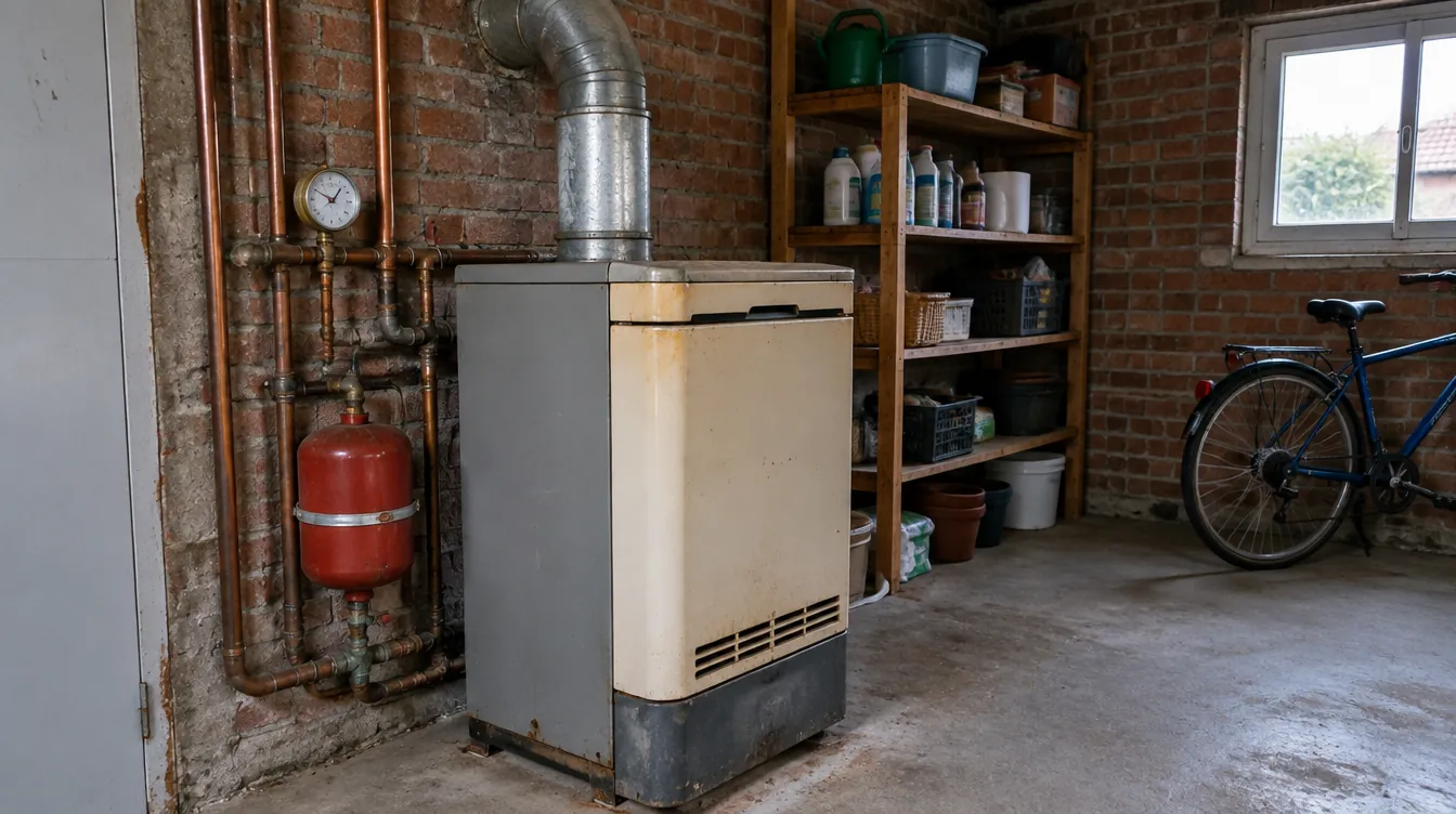 Ancienne chaudière au gaz au sol dans le garage d'une maison du Nord, à remplacer par une pompe à chaleur air-eau