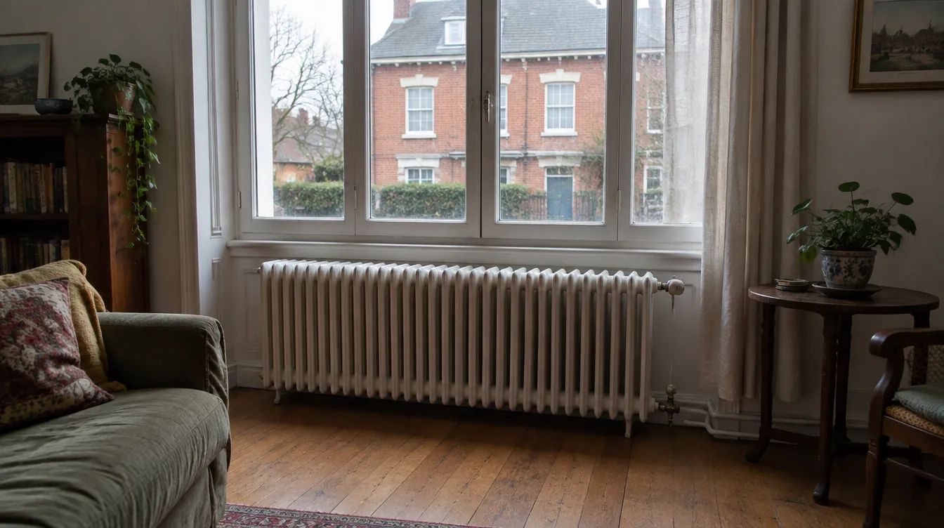 Grand radiateur à eau dans le salon d'une maison du Nord, pouvant être conservé avec une pompe à chaleur air-eau