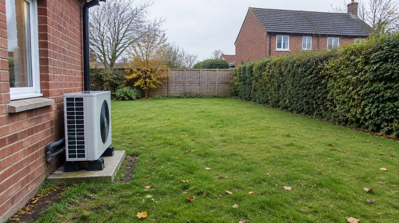 Unité extérieure d'une pompe à chaleur installée dans un jardin, à distance de la clôture du voisin