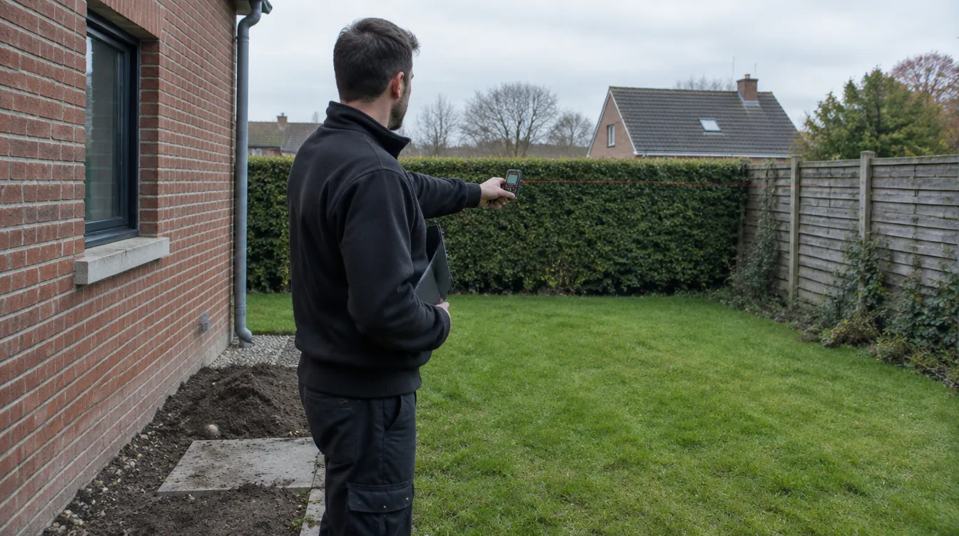 Technicien mesurant la distance entre l'emplacement prévu de la pompe à chaleur et la clôture lors d'une visite technique