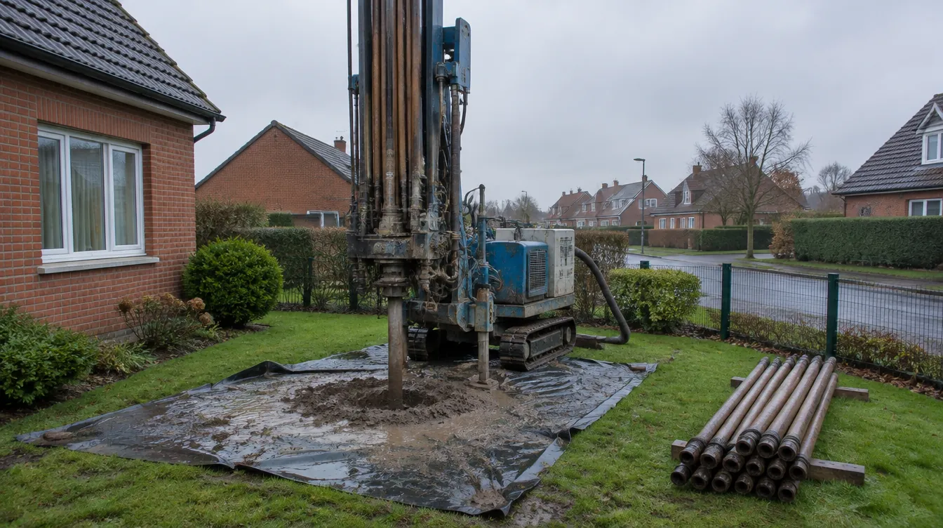 Foreuse réalisant un forage vertical pour une pompe à chaleur géothermique dans un jardin du Nord
