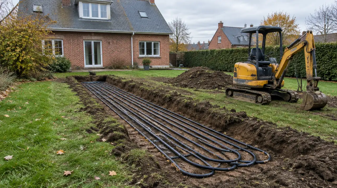 Pose des capteurs horizontaux d'une pompe à chaleur géothermique dans le jardin d'une maison en briques du Nord