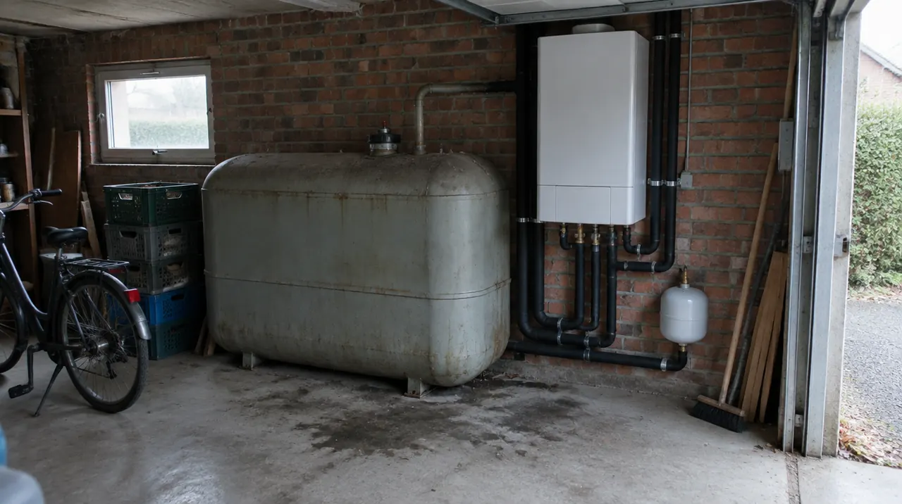 Pompe à chaleur air-eau installée à côté d'une ancienne cuve à fioul dans le jardin d'une maison en briques du Nord