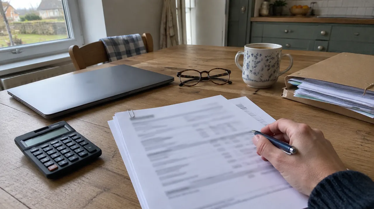 Devis et documents d'une pompe à chaleur posés sur une table de cuisine pour préparer un dossier d'aides