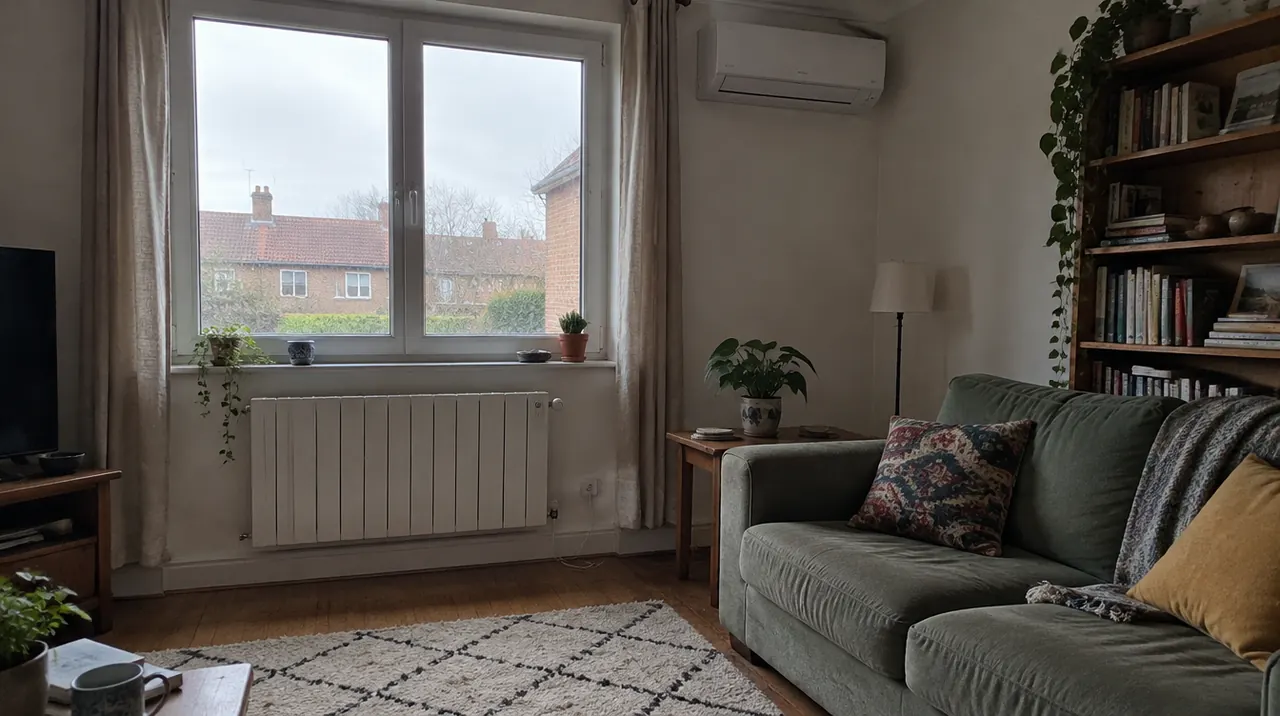 Radiateur électrique sous une fenêtre et unité intérieure de climatisation réversible dans le salon d'une maison du Nord