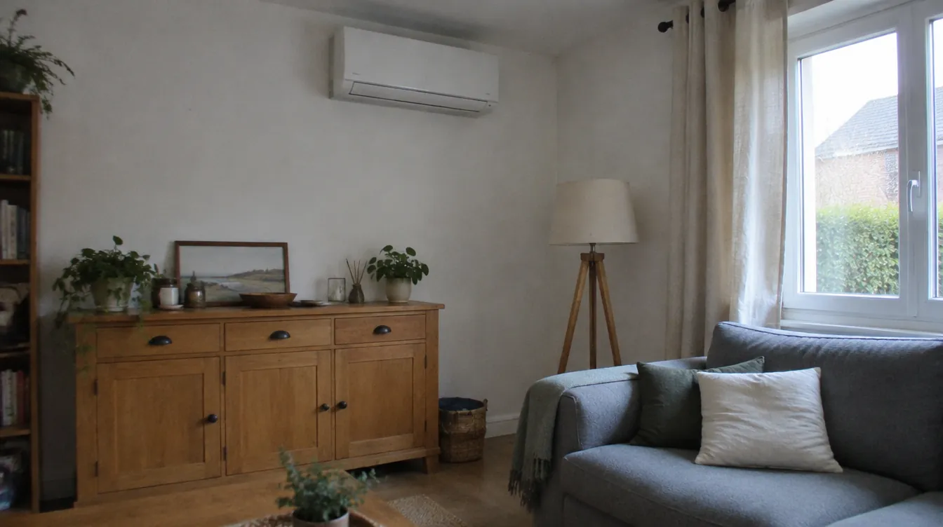 Unité intérieure de climatisation réversible fixée haut sur le mur d'un salon, à l'écart du canapé