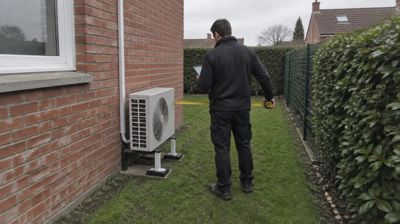 Technicien vérifiant l'emplacement et la distance de l'unité extérieure d'une climatisation réversible lors d'une visite technique