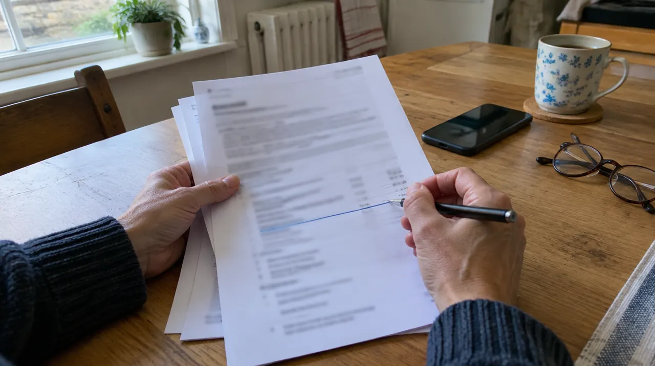 Particulier relisant attentivement un devis de pompe à chaleur avant de le signer, sur une table de cuisine