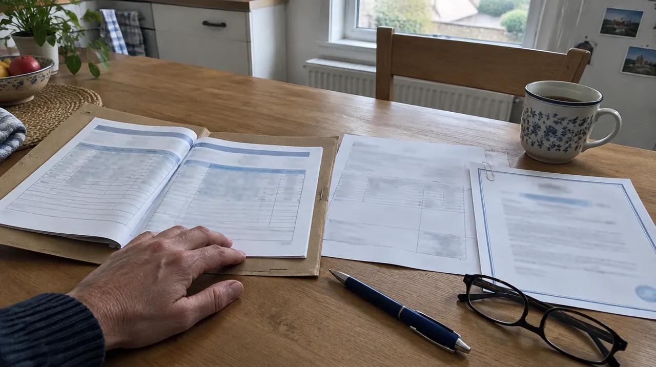 Carnet d'entretien, facture et documents de garantie d'une pompe à chaleur posés sur une table de cuisine