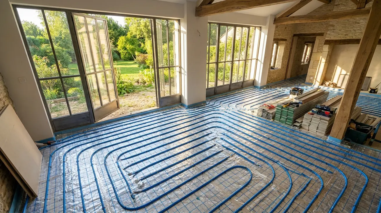 Plancher chauffant hydraulique relié à une pompe à chaleur air-eau
