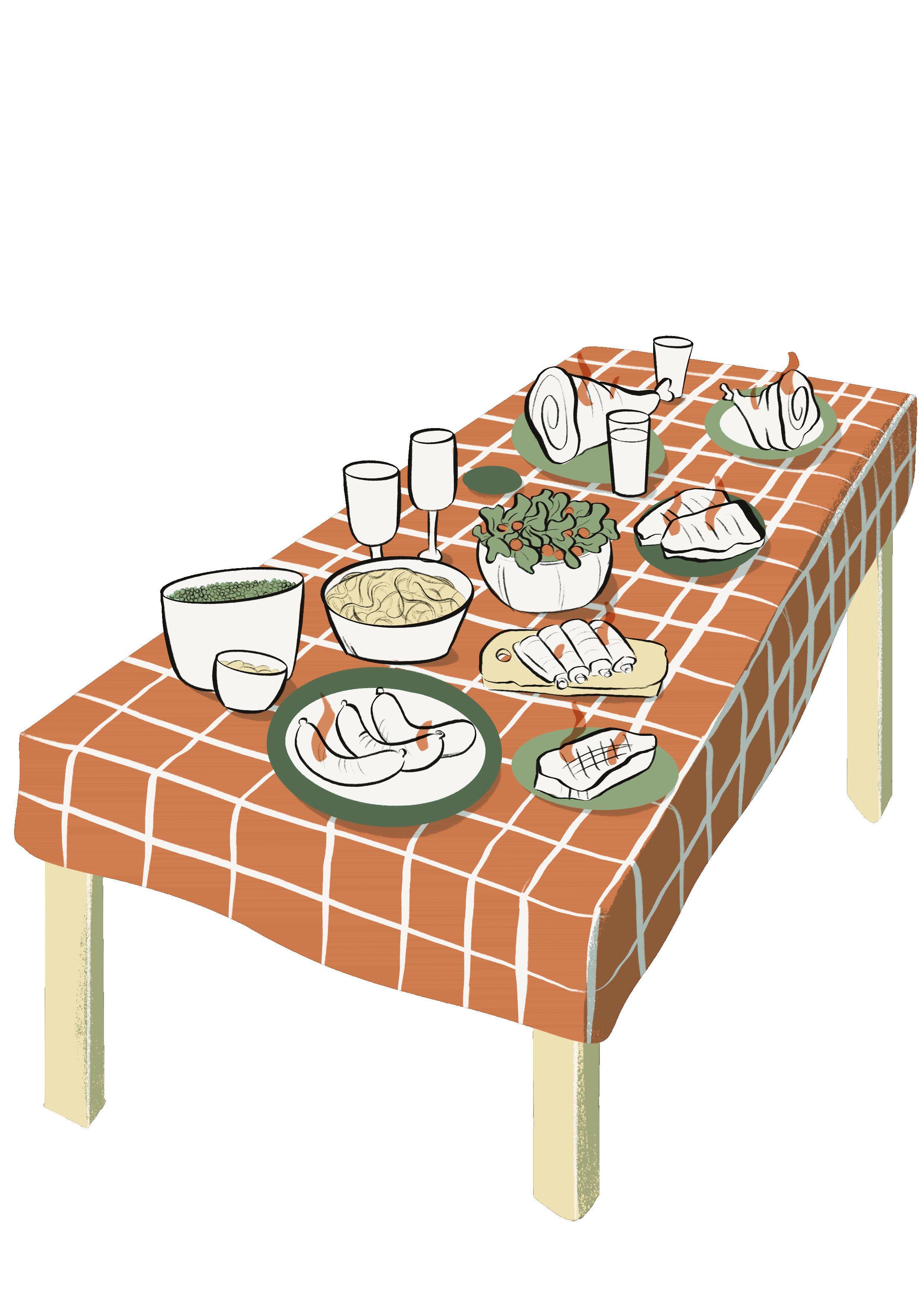 Animatie van gedekte tafel met catering gerechten