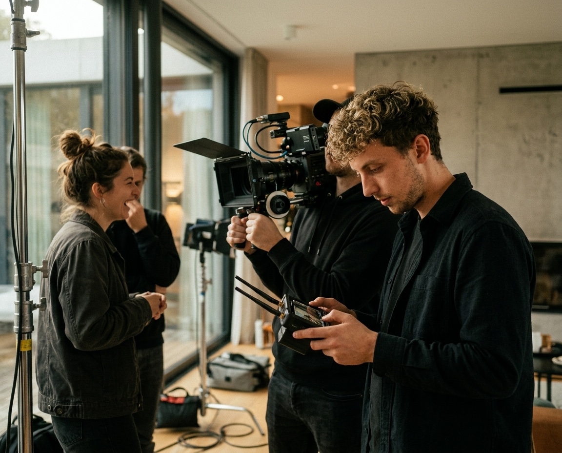 Abstimmung am Filmset in einem hellen Innenraum
