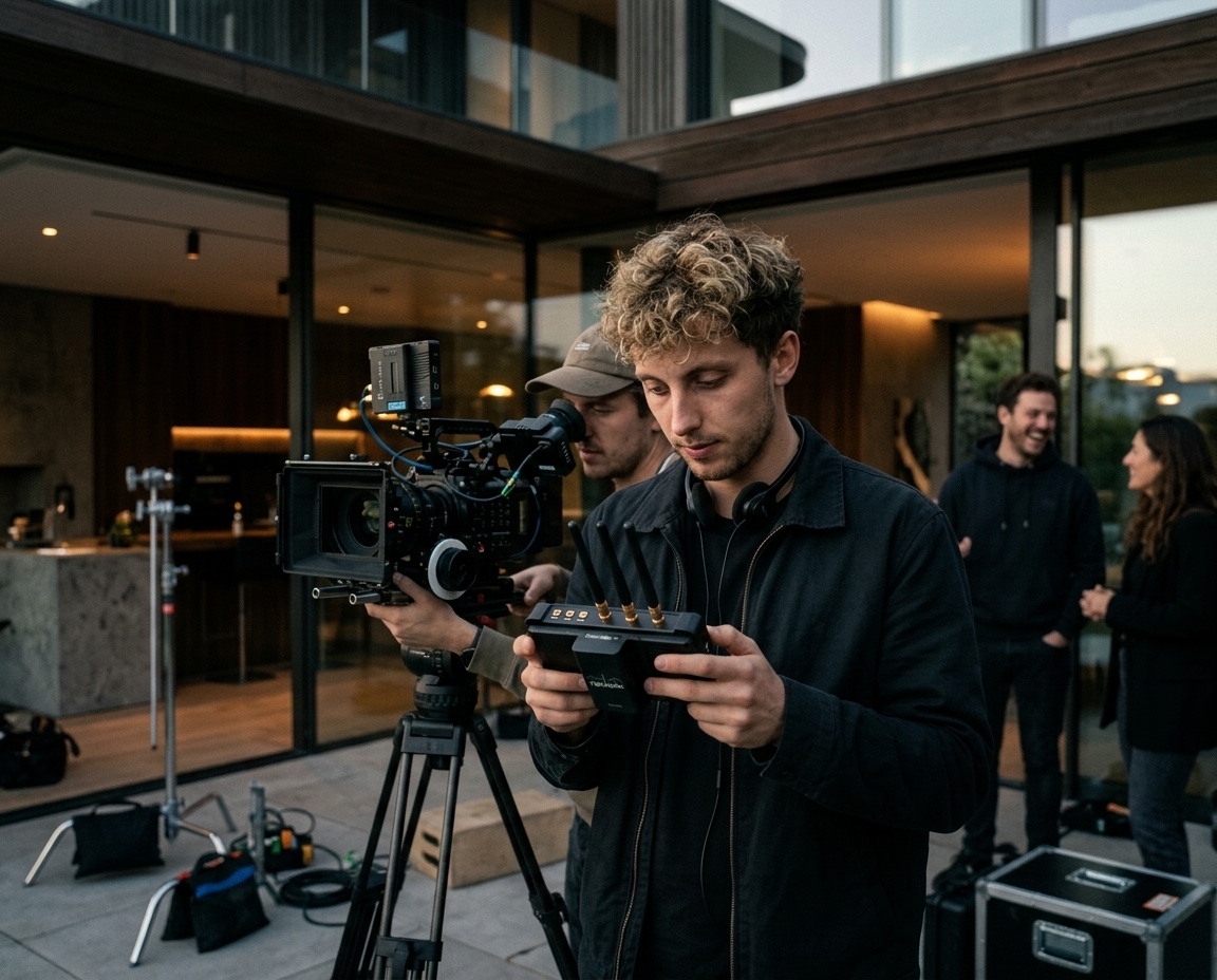 Filmset vor moderner Wohnarchitektur mit Kamera und Funksteuerung
