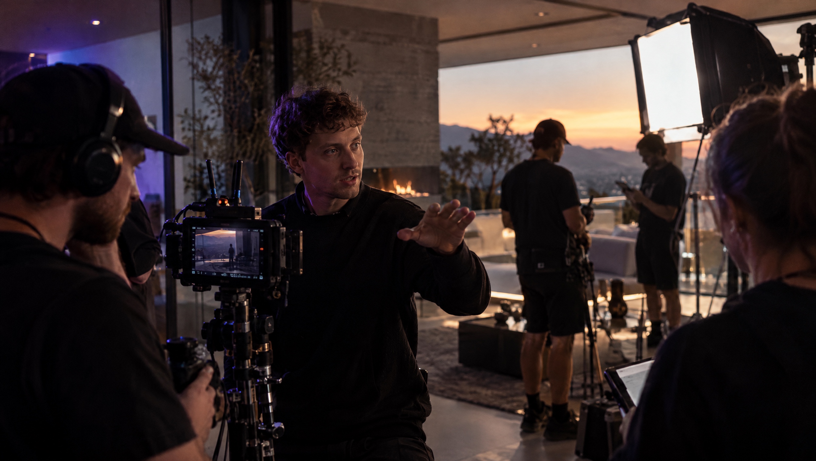 Filmset in einem Innenraum mit Aussicht im Abendlicht