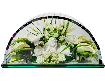 Decorative arrangement of white flowers and a small cherub statue under a half-circle glass dome.