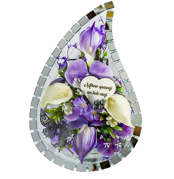 Floral arrangement with purple and white flowers and a heart-shaped plaque with text in Polish.