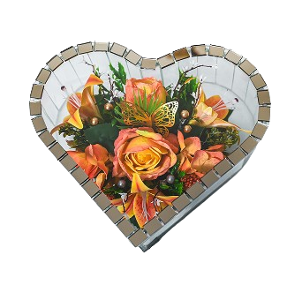Heart-shaped mirror frame with a bouquet of orange and yellow flowers and a decorative butterfly inside.