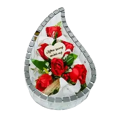 Teardrop-shaped glass ornament with red and white roses and a heart-shaped tag saying ‘I love you, only me’.