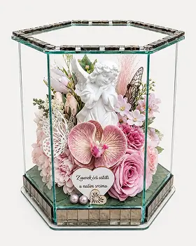 Glass shadow box containing a floral arrangement with red roses, white lilies, and green foliage.