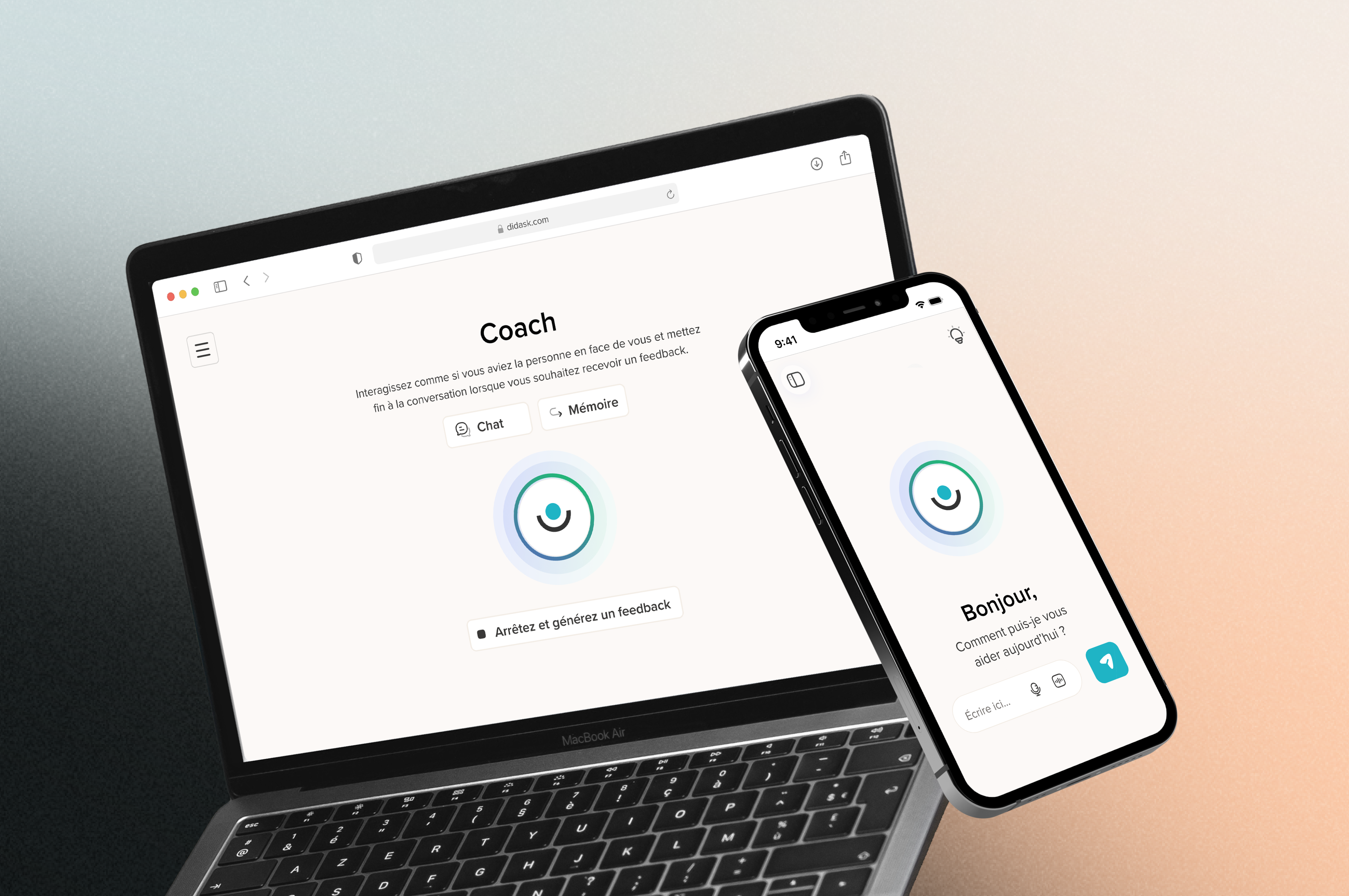 Interface du coach Didask interactif affichée sur un ordinateur portable et un smartphone, avec options Chat, Mémoire et un bouton pour générer un feedback.