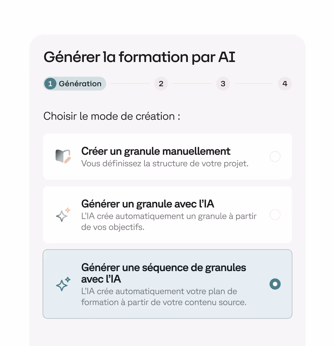Interface de génération de formation par IA avec options pour créer un granule manuellement ou générer un granule ou une séquence de granules automatiquement.