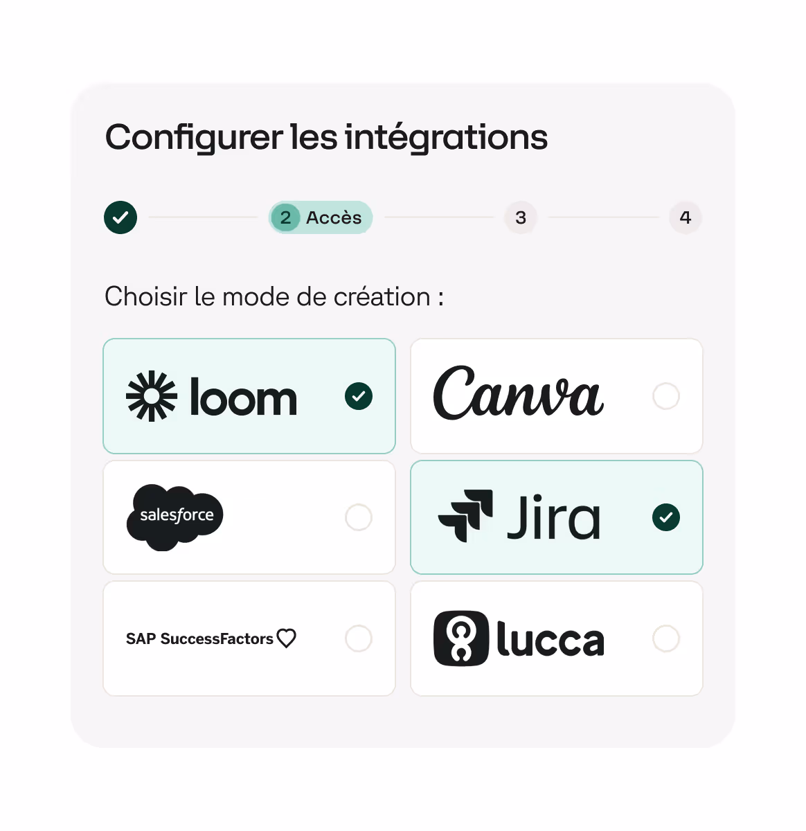 Interface de configuration des intégrations avec options de création incluant Loom, Canva, Salesforce, Jira, SAP SuccessFactors, et Lucca, avec Loom et Jira sélectionnés.