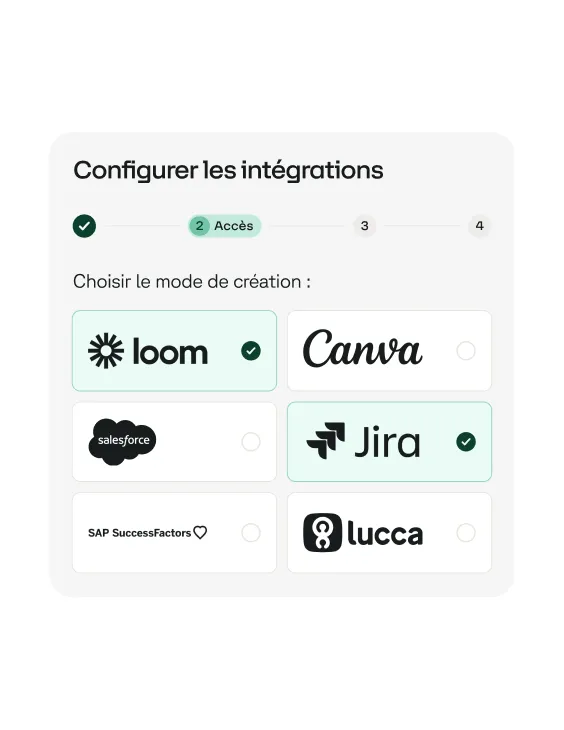 Interface de configuration des intégrations montrant la sélection des modes de création avec les options Loom et Jira cochées.