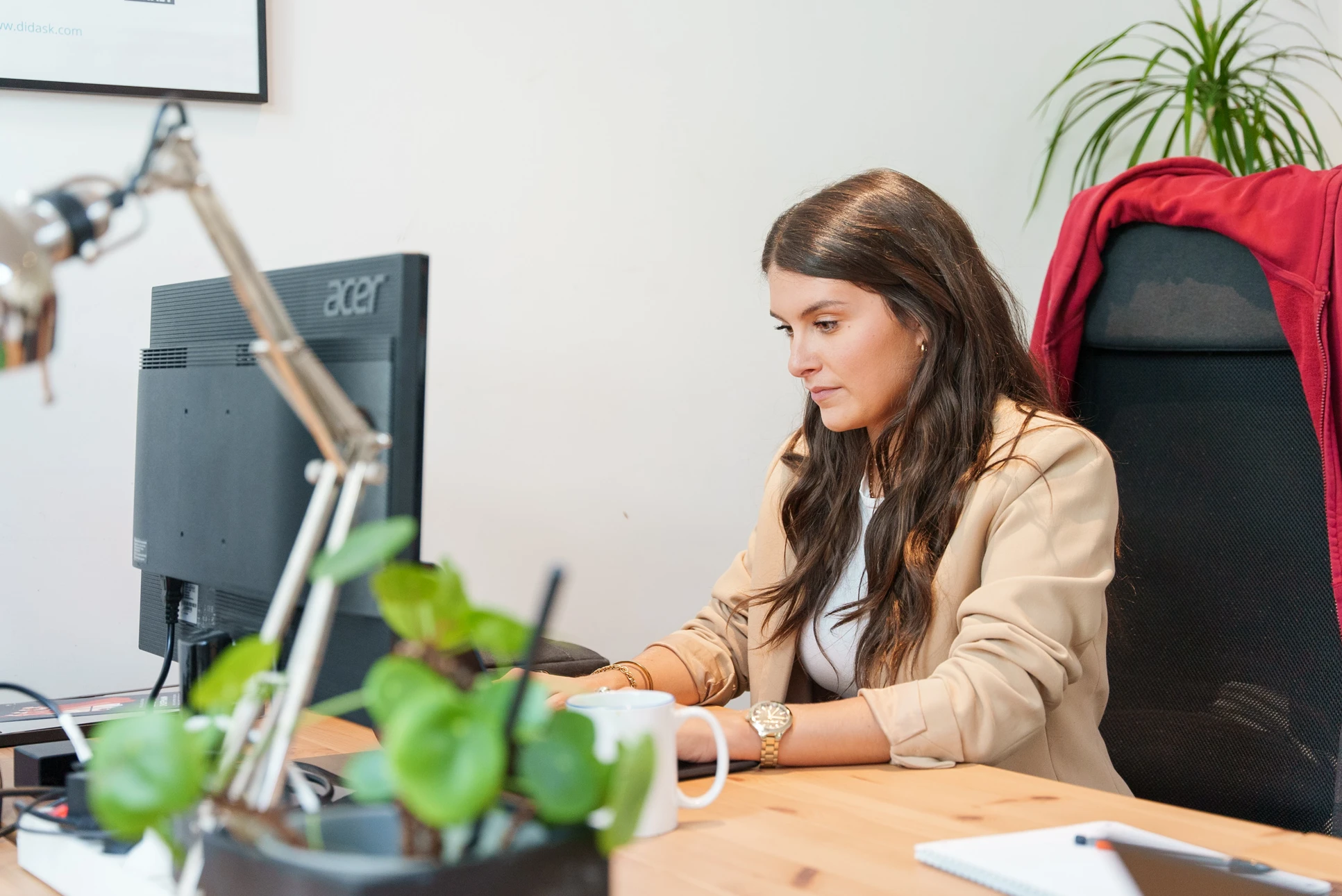 Femme travaillant sur un ordinateur dans un bureau moderne avec une plante et une tasse sur le bureau.
