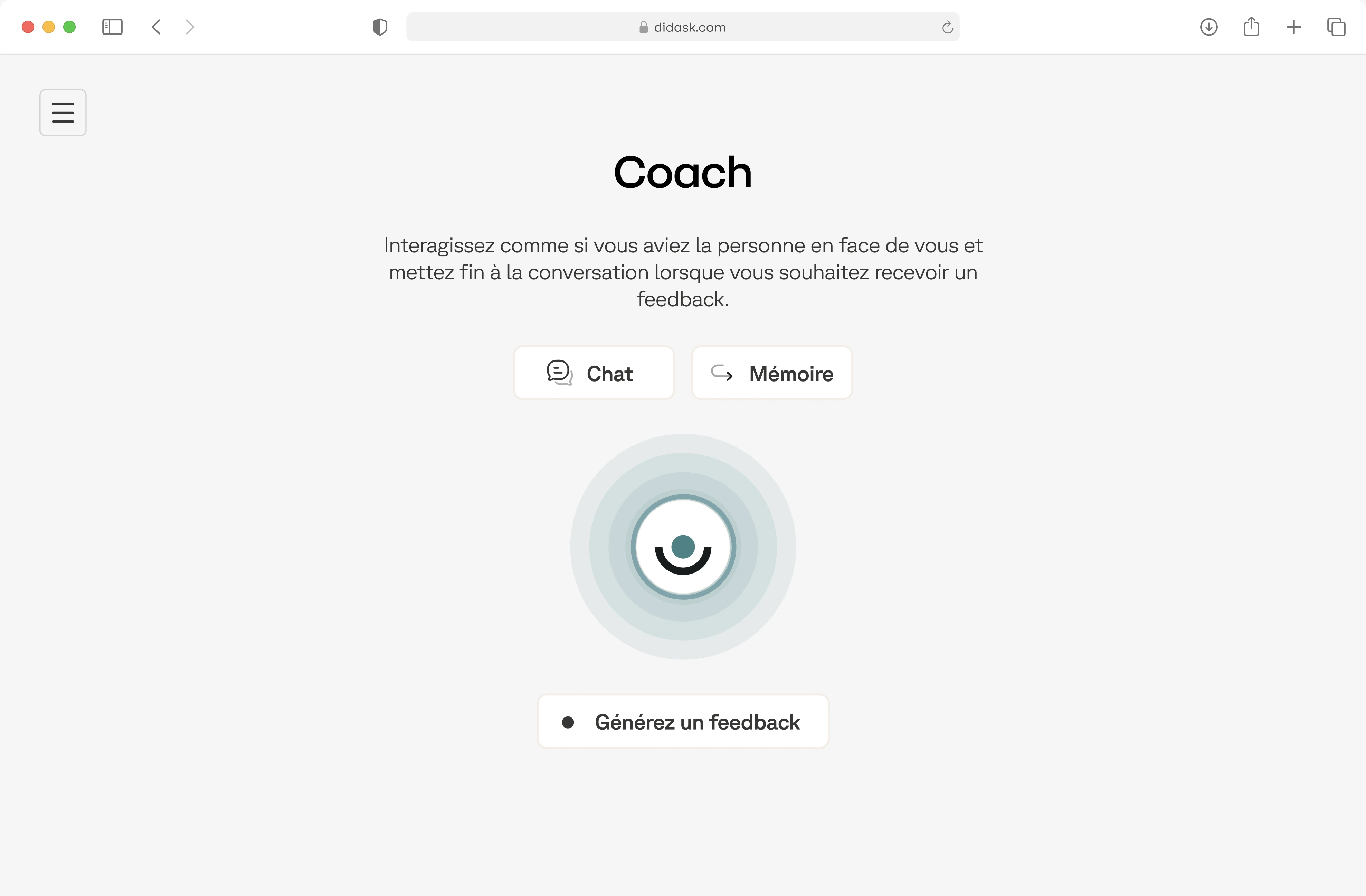 Interface de coaching en ligne avec options chat et mémoire, bouton pour générer un feedback.