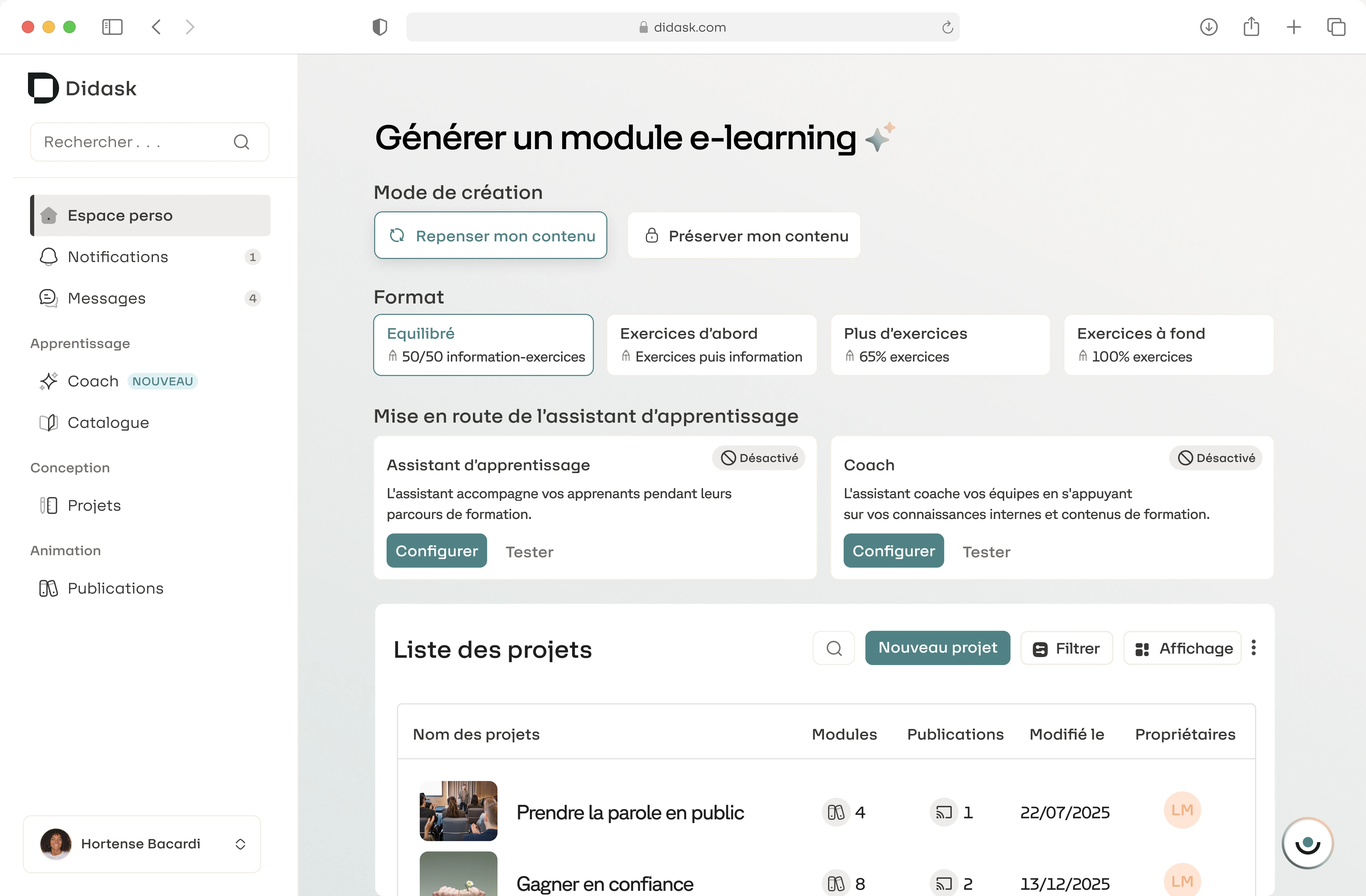 Interface de création de module e-learning sur Didask avec options de mode, format, assistant d'apprentissage, et liste de projets affichant noms, modules, publications, dates et propriétaires.