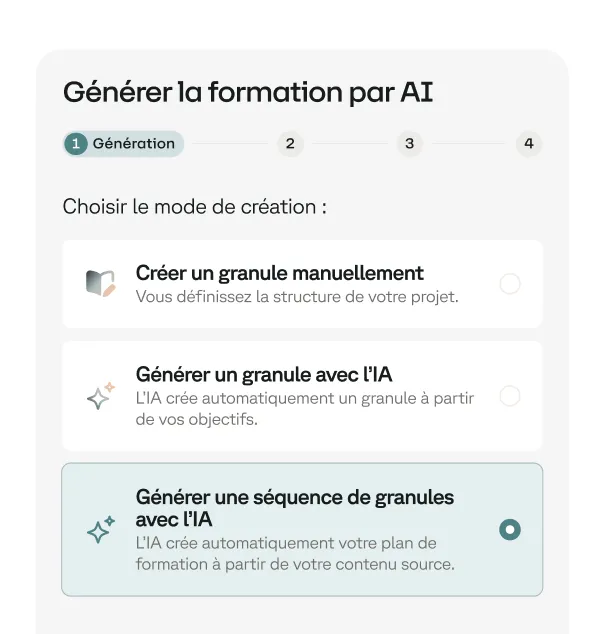 Interface utilisateur pour générer une formation par IA avec choix du mode de création parmi trois options : créer un granule manuellement, générer un granule avec l'IA, ou générer une séquence de granules avec l'IA, cette dernière étant sélectionnée.