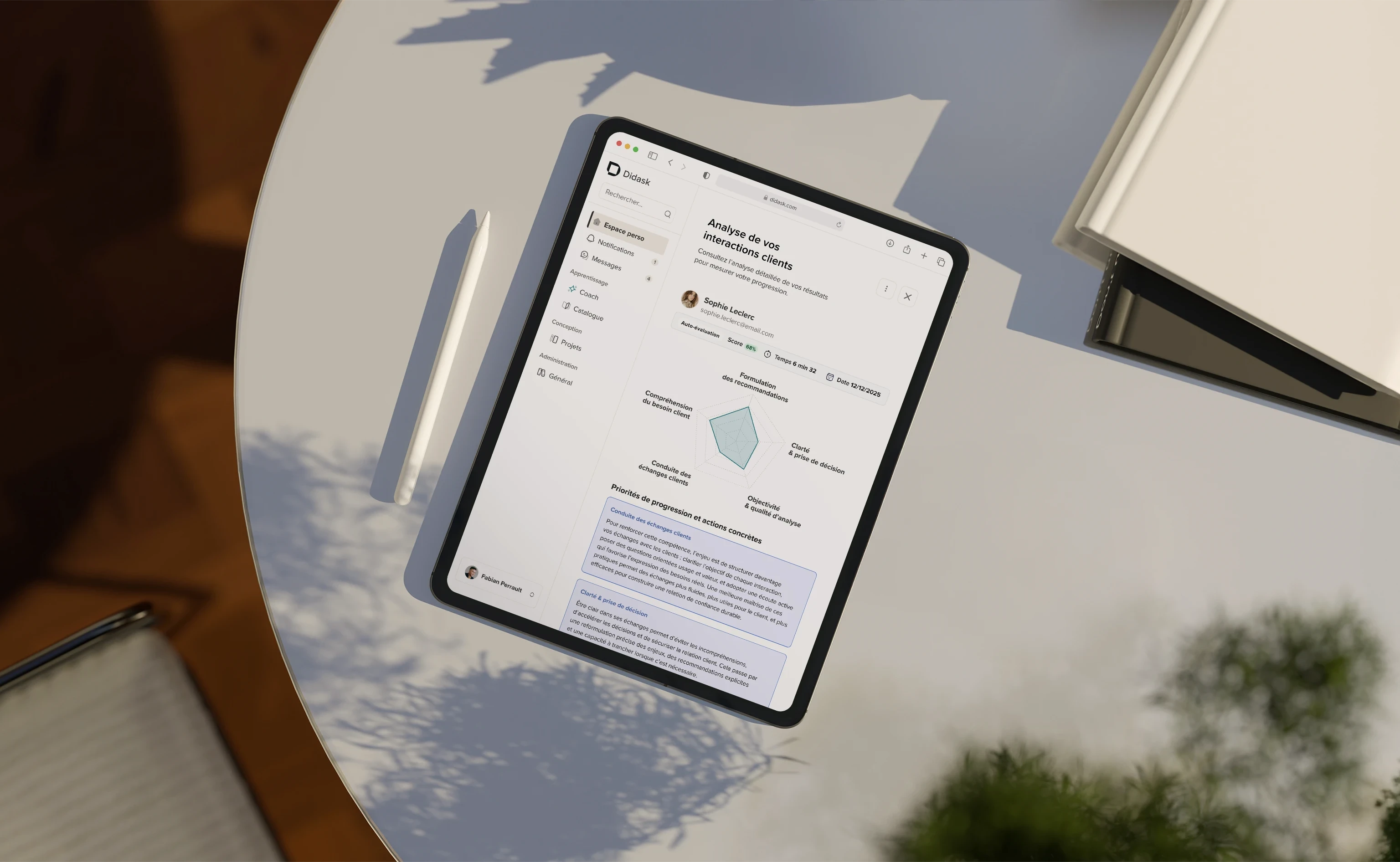 Tablette posée sur un tas de papiers sur un sol en bois, affichant une interface d'analyse des interactions clients en français.