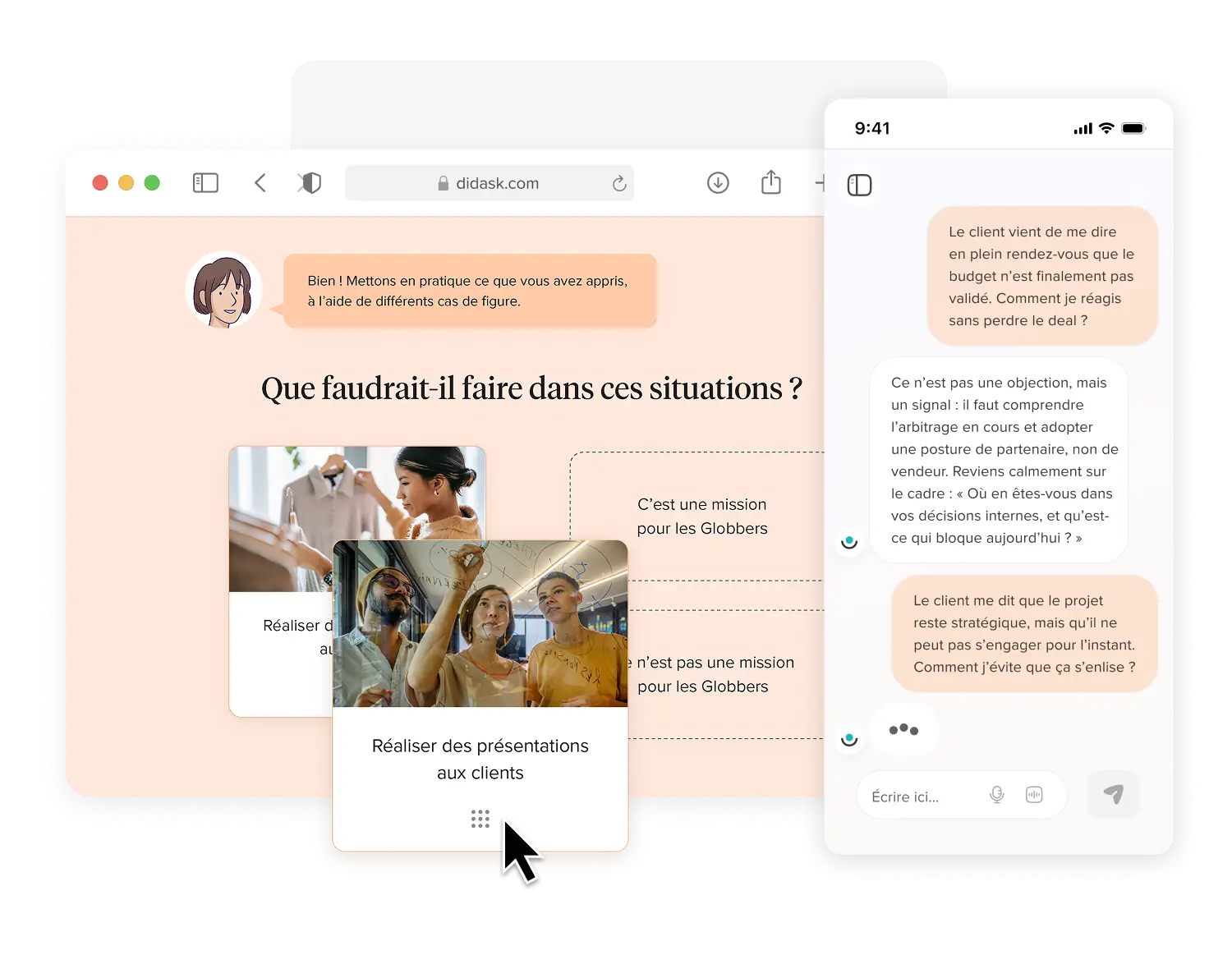 Capture d'écran d'un site didask.com montrant un exercice en français avec des cas pratiques et une conversation sur smartphone concernant des objections clients en rendez-vous.