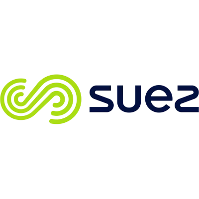 Logo de Suez avec un symbole vert formant un huit couché à côté du texte bleu 'suez'.