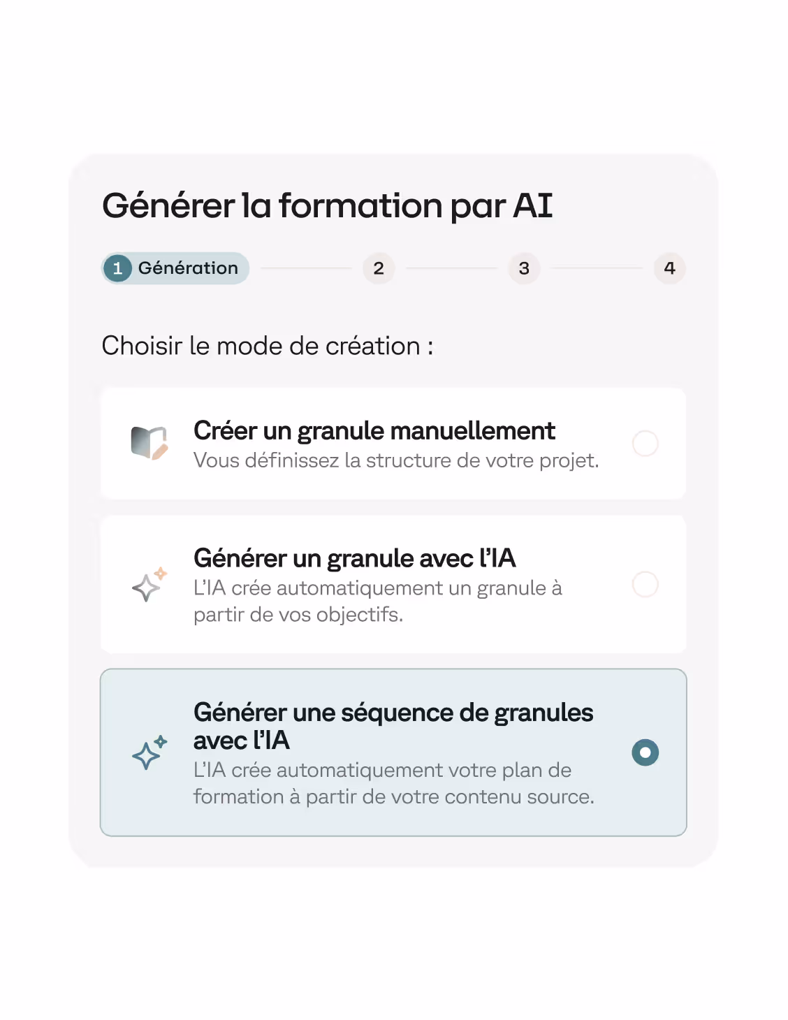 Interface de génération de formation par IA avec choix entre création manuelle, génération d'un granule IA, ou génération d'une séquence de granules IA sélectionnée.
