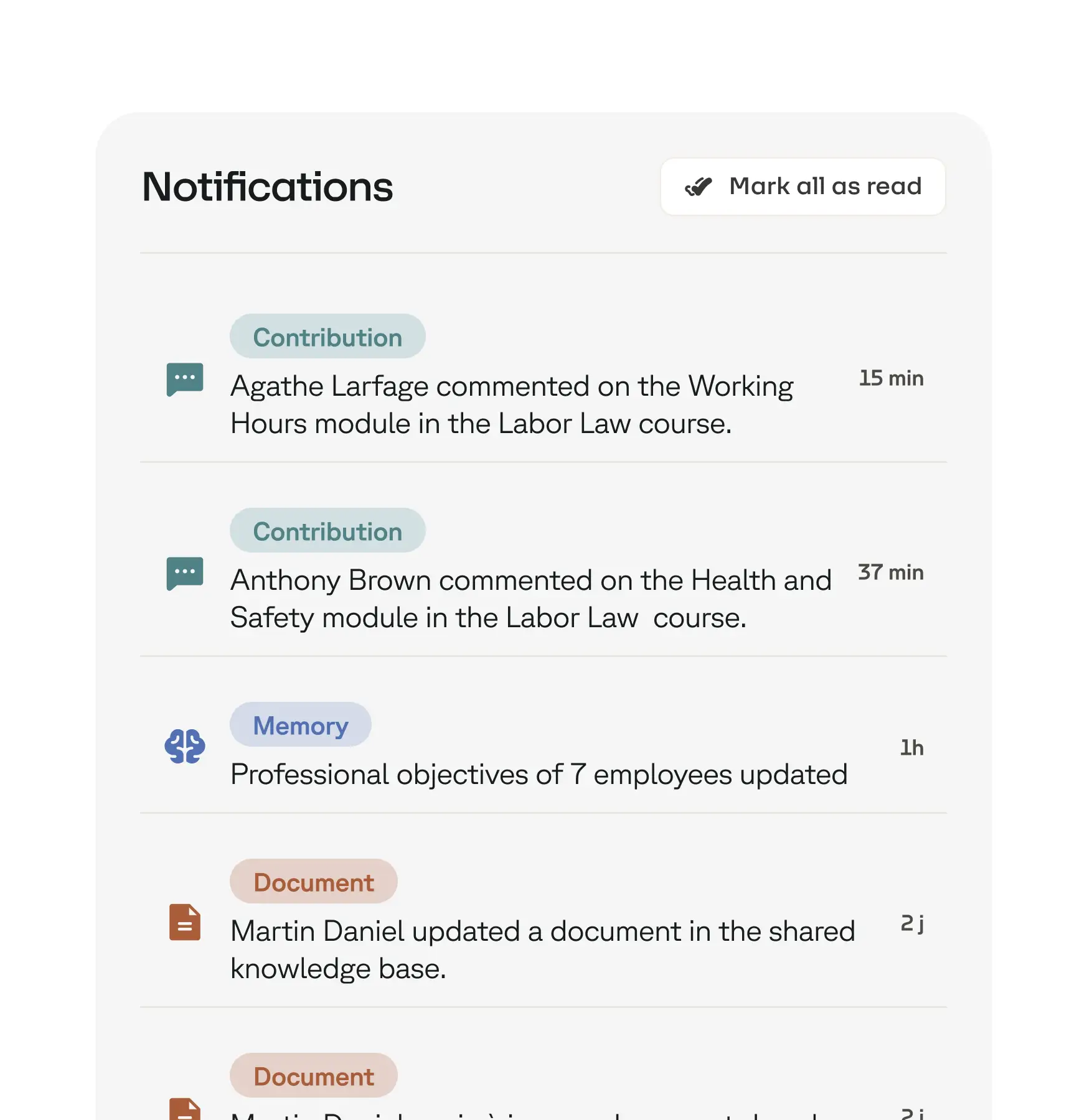 Notifications list showing comments on Labor Law course modules, updates to employee objectives, and document changes.