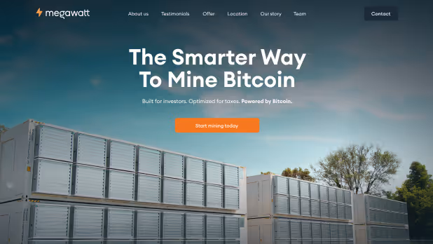 Megawatt homepage hero section featuring outdoor mining containers under a blue sky, text reading “The Smarter Way To Mine Bitcoin” and a button labeled “Start mining today.