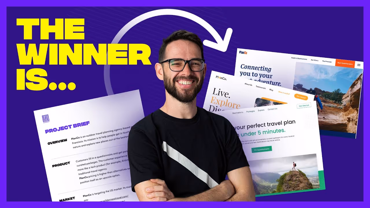 YouTube thumbnail featuring bold yellow text “The winner is…” and several website mockups on a purple background, promoting a Webflow landing page that won 3rd place in the Flux Academy challenge for visual clarity, hierarchy, and consistent layout system.