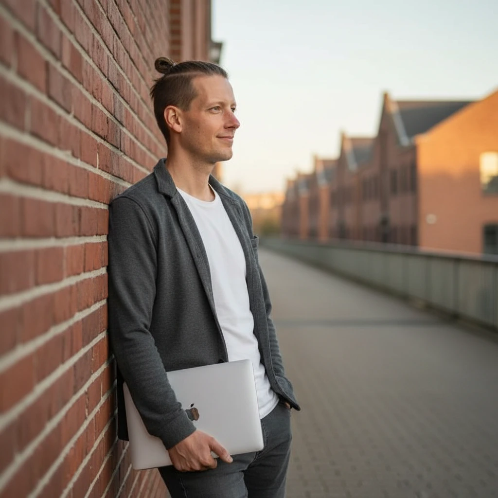 Ein Mann lehnt entspannt an einer Backsteinmauer und hält einen Laptop in der Hand, während er nach rechts in die Ferne blickt.