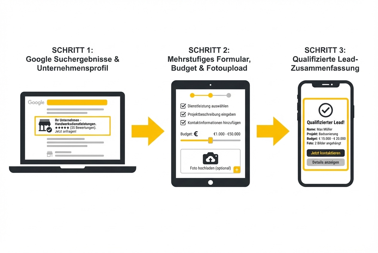 Dreistufiger Prozess mit Laptop, Tablet und Smartphone: Schritt 1 zeigt Google Suchergebnisse und Unternehmensprofil, Schritt 2 ein mehrstufiges Formular mit Budget- und Fotoupload, Schritt 3 eine qualifizierte Lead-Zusammenfassung auf dem Smartphone.