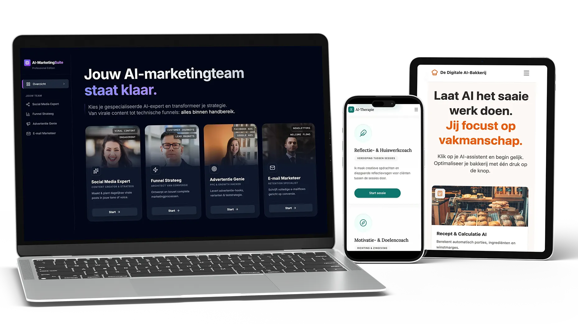 Laptop, tablet en smartphone tonen AI-marketingteam, reflectiecoaching en AI-ondersteuning voor bakkerij met Nederlandse teksten.