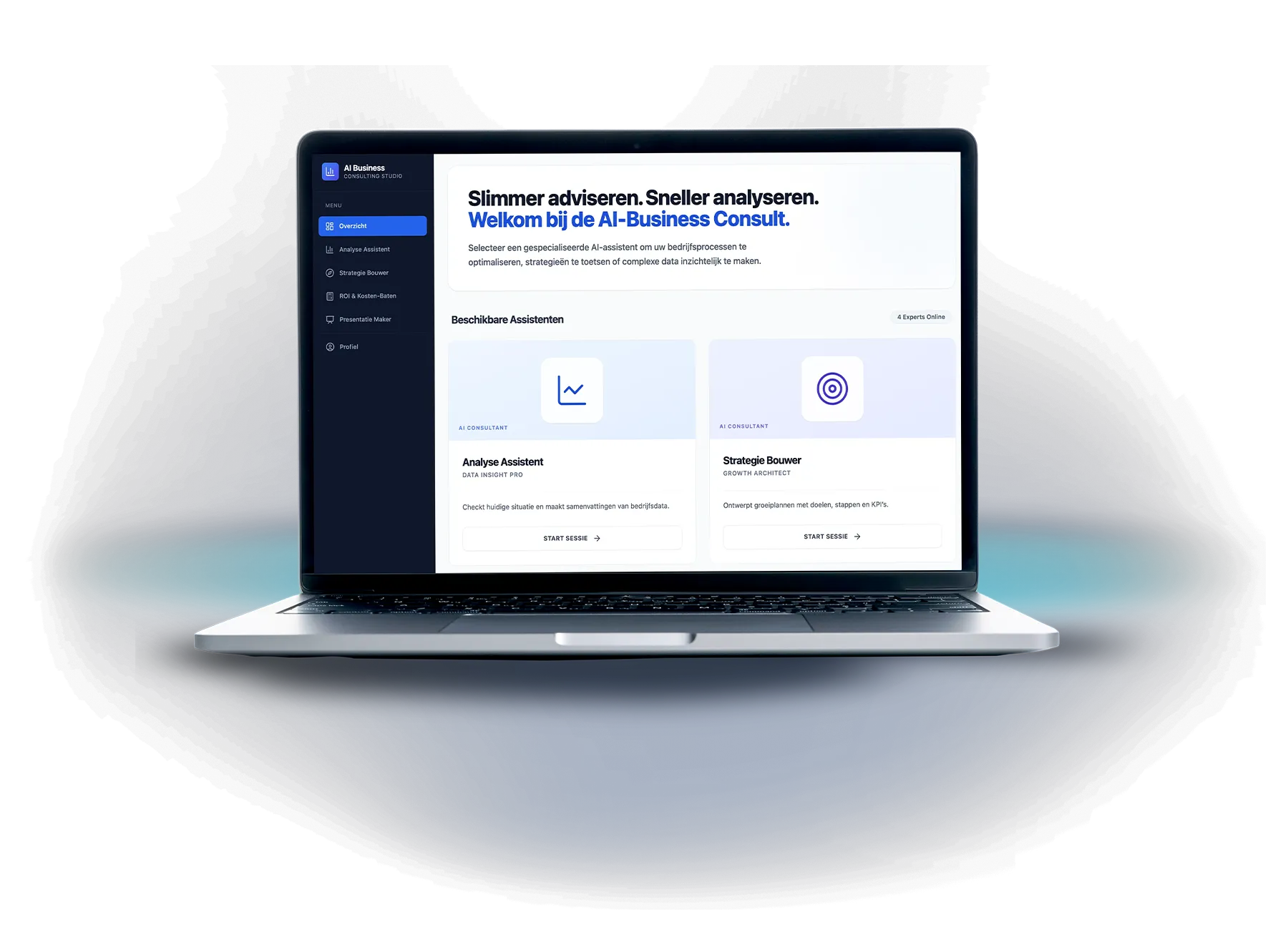 Laptop met een dashboard van AI-Business Consult dat slimme advisering en snellere analyse toont, inclusief opties voor Analyse Assistent en Strategie Bouwer.