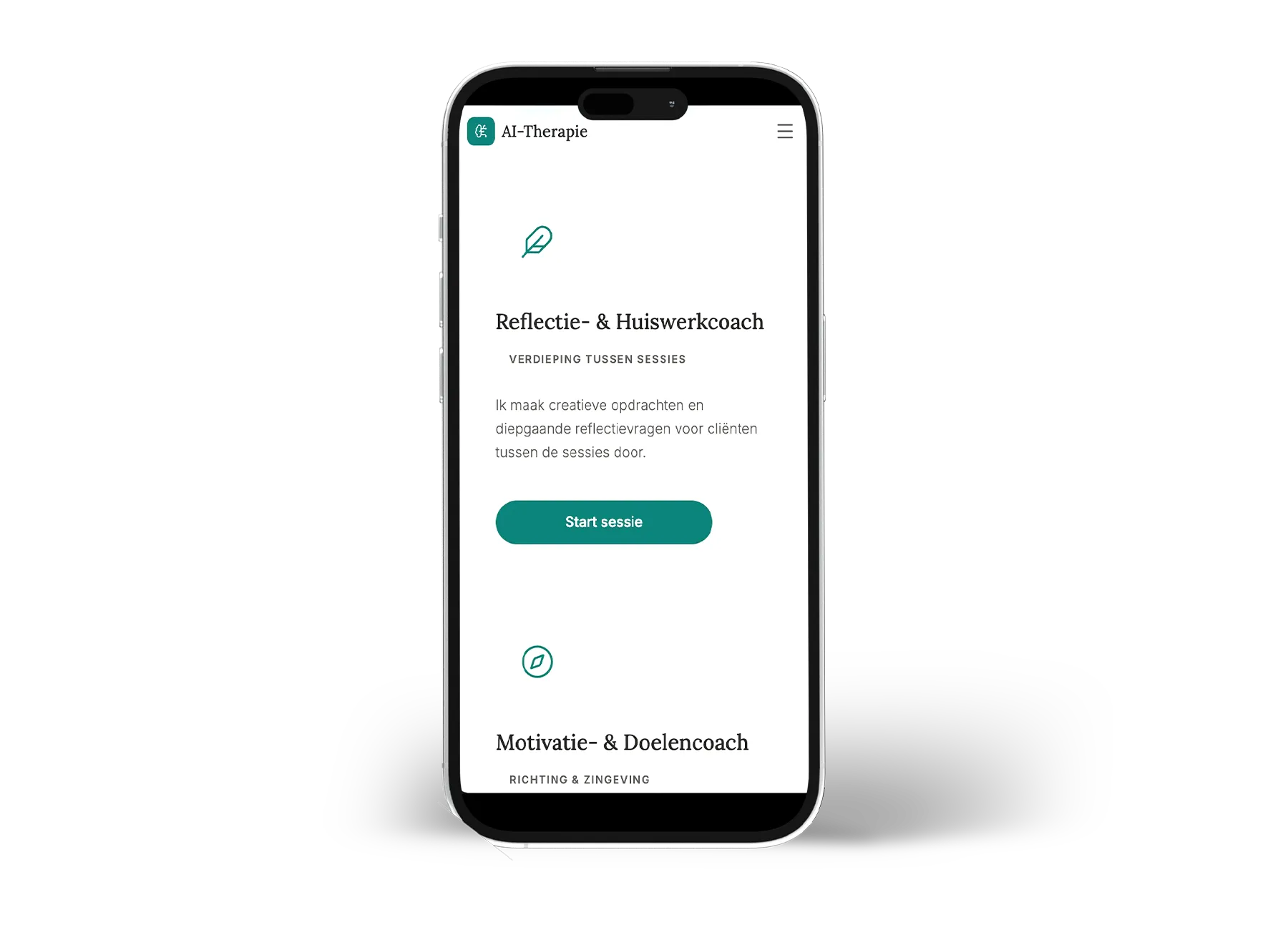 Mobiele telefoon toont AI-Therapie app met opties Reflectie- & Huiswerkcoach en Motivatie- & Doelencoach met startknop voor sessie.